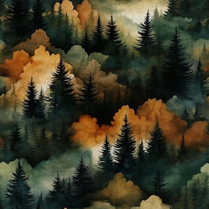 May include: Watercolor forest pattern featuring evergreen trees and golden-brown clouds. The artwork has a textured appearance, with a blend of dark green, teal, and warm orange hues, creating a serene, natural scene.