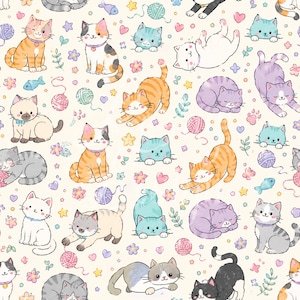 May include: A repeating pattern featuring cartoon cats in various poses and colours, including orange, grey, and white. The cats are interspersed with yarn balls, flowers, hearts, and fish on a cream background.