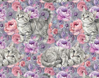 Gatito gris sobre fondo floral / Patrones sin costuras / Descarga instantánea / Papel digital imprimible / Patrón repetitivo