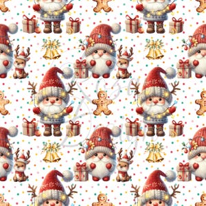 May include: A repeating pattern featuring Christmas gnomes, reindeer, gingerbread men, wrapped gifts, and bells on a white background with colorful polka dots. The gnomes wear red hats and hold string lights. The reindeer have antlers.