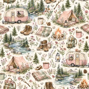 May include: A repeating pattern featuring camping and outdoor elements. Pink tents, trailers, hiking boots, backpacks, and campfires are set against a backdrop of trees, flowers, and streams. The color palette includes pink, green, brown, and cream.