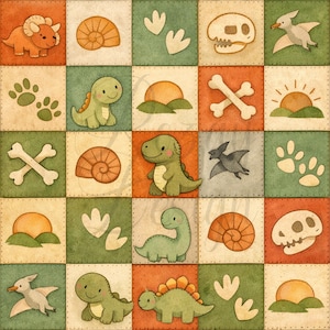 May include: A colorful patchwork design featuring various dinosaur illustrations, fossils, and footprints. The squares alternate between green, orange, and cream colors. The dinosaurs are depicted in a cute, cartoon style, with a friendly appearance.