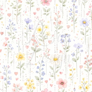 May include: Watercolor floral pattern featuring a variety of flowers in shades of pink, yellow, and blue, along with green leaves and small pink hearts. The design is set against a white background with vertical dotted lines, creating a delicate and romantic aesthetic.
