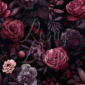 May include: A dark floral pattern featuring roses and other flowers in shades of burgundy, mauve, and cream against a black background. The design includes leaves and stems, creating a romantic and elegant aesthetic. The text "Rozay Design" is visible.