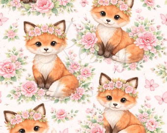 Cute Fox with Flowers | Seamless Patterns | Instant Download | Printable Digital Paper | Repeating Pattern | Fabric Printing