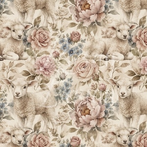 May include: A seamless pattern featuring lambs and floral elements. The design includes lambs in various poses, surrounded by roses, peonies, and other flowers in shades of pink, blue, and cream. The overall aesthetic is soft and vintage.