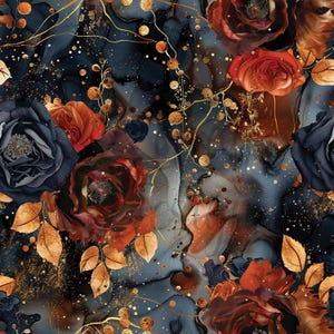May include: A seamless pattern featuring dark blue, red, and gold roses with gold accents. The floral design has a watercolor effect with a dark background and gold flecks, creating a luxurious and elegant aesthetic.