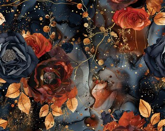 Navy and Orange Agate Flowers | Seamless Patterns | Instant Download | Printable Digital Paper | Repeating Pattern