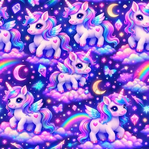 May include: A repeating pattern featuring cartoon unicorns with rainbow manes and tails, wings, and heart-shaped markings. The unicorns are set against a backdrop of clouds, rainbows, stars, moons, and crystals in shades of purple, blue, and pink.