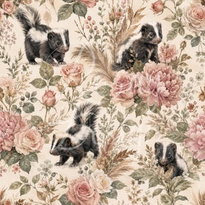 Könnte beinhalten: Ein sich wiederholendes Muster mit Stinktieren und Rosen. Die Stinktiere sind schwarz und weiß, und die Rosen sind in verschiedenen Rosa- und Pfirsichtönen gehalten. Der Hintergrund ist cremefarben mit grünen Blättern und braunen Akzenten.