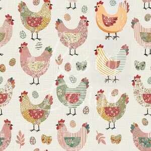 Puede incluir: Patrón repetitivo de gallinas coloridas con diseños florales y a rayas. Las gallinas son de varios colores, incluyendo rosa, amarillo y verde, con crestas rojas. Huevos de Pascua y hojas están dispersos por todo el diseño sobre un fondo crema.