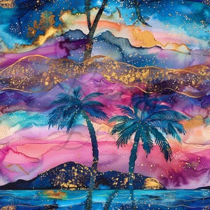 May include: An abstract watercolor painting depicts a tropical scene with palm trees, a beach, and mountains. The artwork features a vibrant color palette of blues, pinks, purples, and gold accents, creating a dreamy, artistic aesthetic.