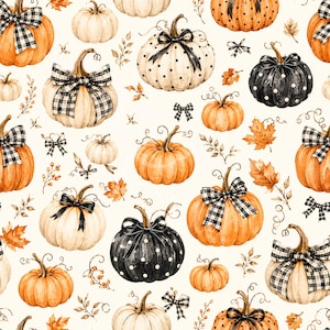 May include: A seamless pattern featuring watercolor illustrations of pumpkins in shades of orange, white, and black. Some pumpkins are decorated with black and white buffalo plaid or polka dot bows, interspersed with small autumn leaves and twigs.