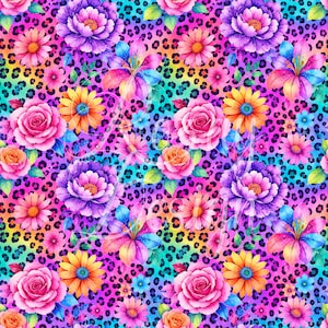 May include: A vibrant, watercolor-style floral pattern featuring a leopard print background. The design showcases an array of colorful flowers, including roses, daisies, and lilies, in shades of pink, purple, yellow, and blue. The leopard spots are in shades of brown, black, and teal.