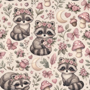 May include: A repeating pattern featuring adorable raccoons wearing floral crowns, surrounded by pink mushrooms, hearts, butterflies, and floral elements. The color palette includes soft pinks, grays, and beige, creating a whimsical and charming design.