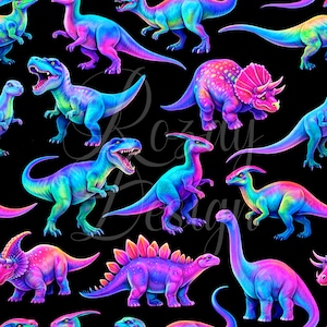 May include: A repeating pattern of colorful dinosaurs in shades of blue, purple, pink, and green against a black background. Various dinosaur species are depicted, including T-Rex, Triceratops, and Stegosaurus.