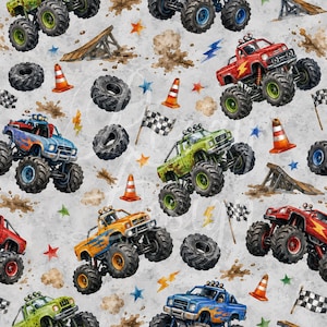 May include: A seamless pattern featuring watercolor illustrations of monster trucks in red, blue, green, and yellow, scattered with black tires, orange traffic cones, checkered flags, wooden ramps, brown mud splatters, and colorful stars.