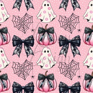 May include: A repeating pattern featuring pink pumpkins with black lace bows, white ghosts with pink flowers, black spiderwebs with spiders, and black lace bows on a pink polka dot background. The design has a spooky, yet feminine aesthetic.
