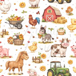 Pode incluir: Ilustração em aquarela com tema de fazenda, com vários animais, incluindo galinha, galo, burro, vaca, porco e ovelha. Girassóis, um celeiro vermelho e um trator verde também estão presentes. O design está em um fundo branco.