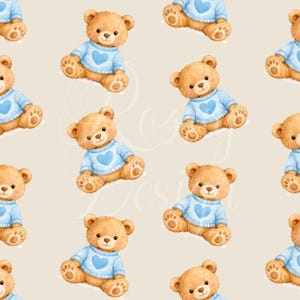 May include: A repeating pattern of watercolor teddy bears. Each bear is light brown with a blue sweater featuring a heart. The background is a light beige color. The bears are sitting down.