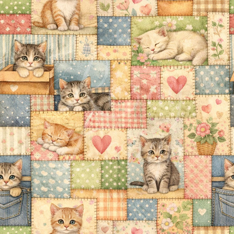 Pu&ograve; includere: Un design patchwork con vari gattini in varie pose, tra cui seduti, che dormono e che sbucano da una scatola o da una tasca. I quadrati sono in colori pastello con cuori e motivi floreali.