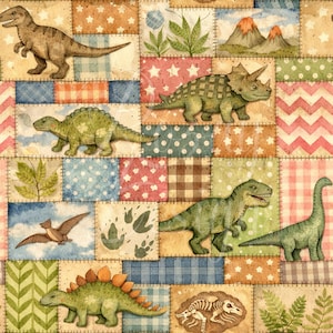 May include: A vibrant patchwork design showcasing dinosaurs, plants, and volcanoes. The dinosaurs are in green and brown hues, set against patterned squares in pink, blue, and brown. The design evokes a playful, prehistoric theme.