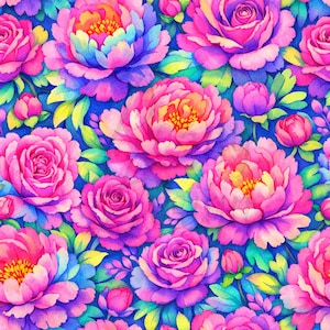 May include: A vibrant floral pattern featuring watercolor-style peonies and roses in shades of pink, purple, and yellow against a deep blue background. The design includes detailed petals and green leaves, creating a lush, colorful display.