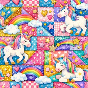 May include: A colorful patchwork design featuring unicorns, rainbows, stars, hearts, and clouds. The unicorns have rainbow manes and tails, with golden horns. The background is a mix of pink, blue, purple, and gold squares with glitter accents.
