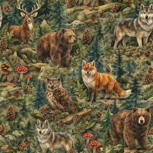 May include: A detailed illustration of a forest scene with various animals. Depicted are a deer, bears, a fox, an owl, and wolves, amidst pine trees, mushrooms, and pine cones. The color palette is dominated by greens, browns, and reds.