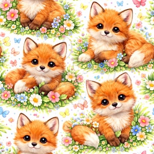 May include: A repeating pattern featuring adorable cartoon foxes with orange fur and big black eyes. The foxes are surrounded by colorful flowers and butterflies on a white background. The overall theme is whimsical and cute.