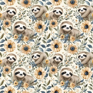 May include: A repeating pattern featuring sloths, sunflowers, and floral elements. The sloths are depicted in a light brown color with black eye markings. Sunflowers are in shades of yellow and brown, with blue and green foliage.