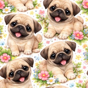 May include: A repeating pattern of adorable pug puppies with big, dark eyes and pink tongues, surrounded by colorful flowers and greenery. The pugs have tan fur and floppy ears, set against a white background.