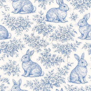 May include: A seamless pattern featuring blue rabbits and floral bouquets on a cream background. The design showcases detailed illustrations of bunnies in various poses, interspersed with clusters of flowers and foliage, creating a classic, vintage aesthetic.