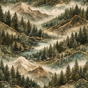 May include: Watercolour landscape depicting a mountain range with evergreen trees and a river. The scene is in muted greens, browns, and whites, with gold accents. The artwork evokes a sense of nature and tranquility.