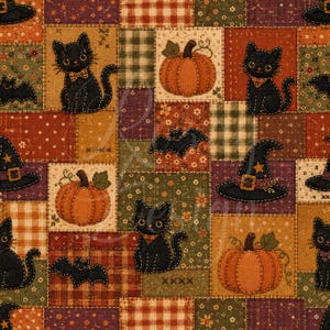 Könnte beinhalten: Ein Patchwork-Stoffmuster mit sich wiederholenden Quadraten, die schwarze Katzen mit Fliegen, orangefarbene Kürbisse mit grünen Stielen, schwarze Fledermäuse und schwarze Hexenhüte mit gelben Sternen auf herbstlich gefärbten Hintergründen zeigen.