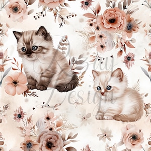 Katt med blommor | Sömlösa mönster | Direkt nedladdning | Utskrivbart digitalt papper | Upprepande mönster | Tygtryck