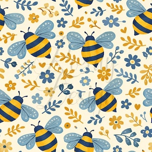 May include: A repeating pattern featuring yellow and blue bees with blue wings, interspersed with blue and yellow flowers and leaves, on a cream background. The design has a whimsical, illustrative style, perfect for fabric or wallpaper.