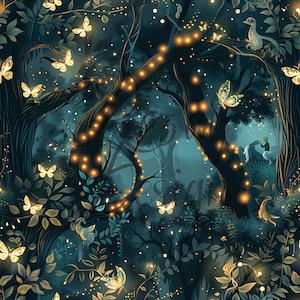 Op de afbeelding: Een grillige illustratie van een bos in de maanverlichte nacht. Donkere boomstammen zijn versierd met gloeiende lichtslingers en omringd door vlinders en vogels. Het kleurenpalet is een mix van diepblauw, groen en goudgeel, wat een magische sfeer creëert.