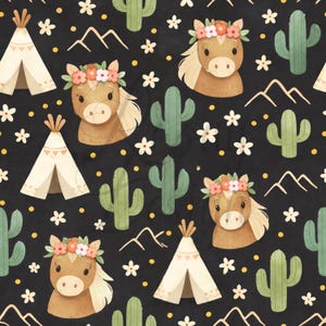 May include: A repeating pattern featuring cartoon horses wearing flower crowns, teepee tents, cacti, mountains, and white flowers on a black background. The design has a watercolor effect, creating a whimsical and playful aesthetic.