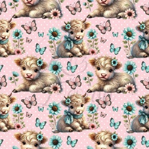 May include: A repeating pattern featuring adorable Highland cows, butterflies, and flowers on a pink polka dot background. The cows have floral headbands and scarves. Butterflies are pink and blue. Flowers are blue and pink.