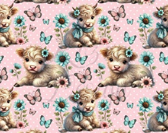 Highland Cows and Sunflowers | Seamless Patterns | Instant Download | Printable Digital Paper | Repeating Pattern | Fabric Printing