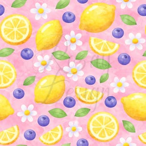 May include: A watercolor pattern featuring lemons, blueberries, white daisies, and green leaves on a pink background. The lemons are whole and sliced, with the blueberries and daisies scattered throughout the design. The pattern is bright and cheerful.