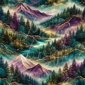 May include: A digital landscape painting of mountains, evergreen trees, and a river. The colour palette includes shades of purple, teal, and gold. The design has a dreamy, ethereal quality, with a focus on nature and the outdoors.