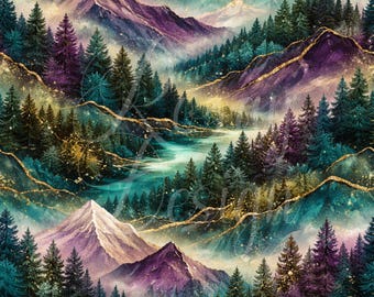 Jewel Toned Mountain Landscape | Seamless Patterns | Instant Download | Printable Digital Paper | Repeating Pattern