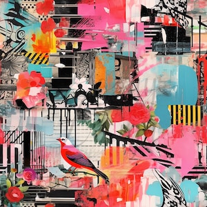 May include: Abstract art print with a collage of vibrant colors, including pink, red, and blue. The artwork features a bird, floral elements, and geometric shapes, creating a dynamic and visually engaging composition.