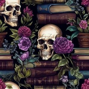 Op de afbeelding: Digitale illustratie met schedels, boeken en bloemen. De schedels hebben zichtbare tanden en oogkassen. De boeken zijn opgestapeld en de bloemen zijn paars en roze, met groene bladeren. De achtergrond is zwart.