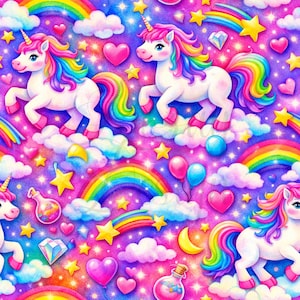 Op de afbeelding: Een levendig, naadloos patroon met witte eenhoorns met regenboogmanen en -staarten, tegen een achtergrond van regenbogen, sterren, harten, wolken en sprankelende accenten. Het kleurenpalet omvat roze, paars, blauw en geel.