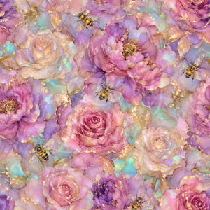 Peut inclure: Un motif floral avec des roses et des pivoines à l'aquarelle dans des tons de rose, de violet et de crème, rehaussé de feuilles d'or et d'irisations. Des abeilles sont dispersées dans le motif, créant une esthétique fantaisiste et élégante.