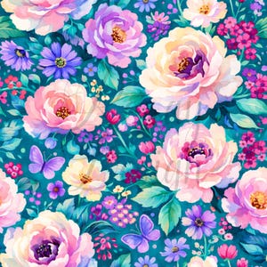 May include: A vibrant floral pattern featuring large, watercolor-style peonies in shades of pink, purple, and cream, interspersed with smaller flowers and butterflies on a teal background. The design has a soft, painterly quality.