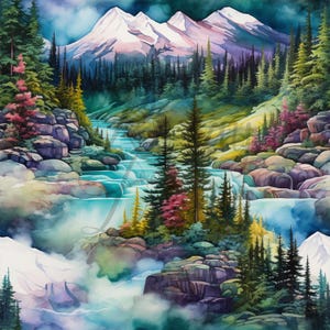 May include: Watercolor painting of a mountain landscape with snow-capped peaks, a flowing river, and lush evergreen trees. The artwork features a vibrant color palette of blues, greens, and purples, creating a serene and natural scene.